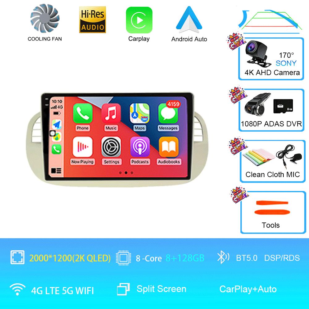 Android 14 Car Radio For Fiat 500 With GPS Navigation Steering Wheel Control Multimedia Carplay& Auto BT WIFI Stereo 360 Camera