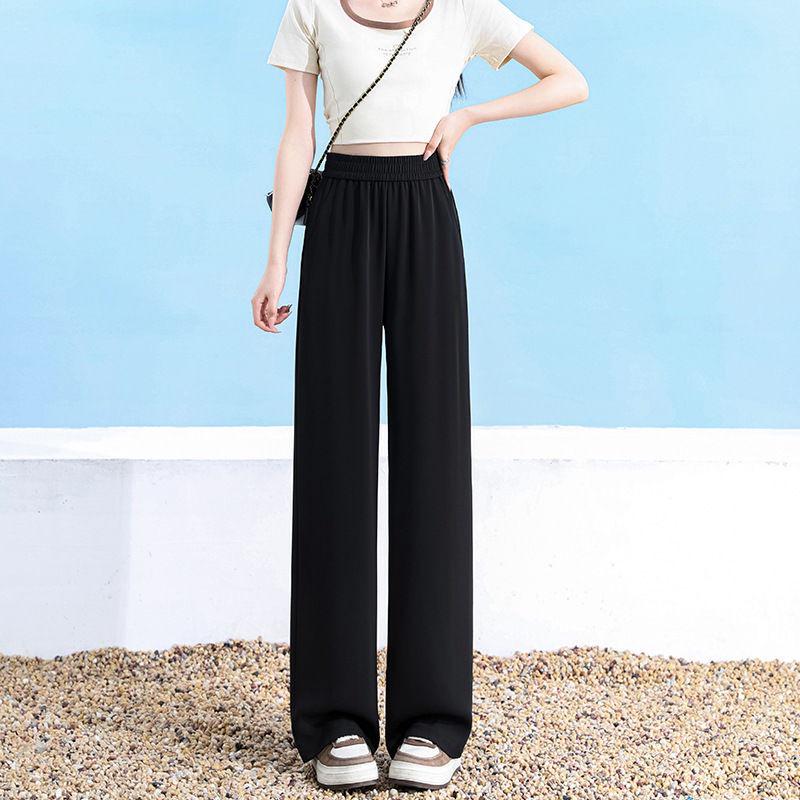 Women's Plus Size Black Ice Silk Wide-Leg Summer Pants - Loose, Slimming, High Elastic, Cool Straight-Leg Design.