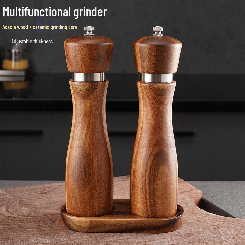 Acacia Wood Pepper and Sea Salt Grinder Set with Ceramic Core and Steel Ring
