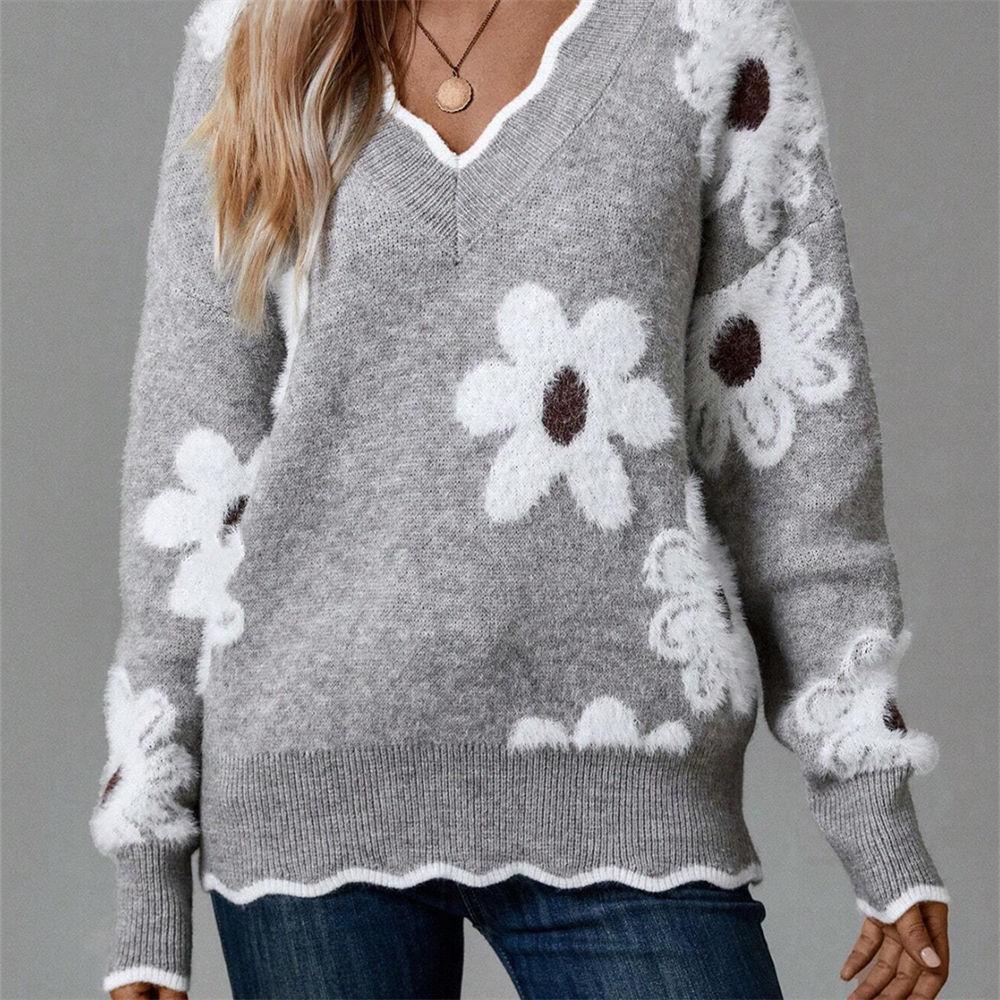 Women s Autumn/Winter Casual Pullover Knit Sweater, V-Neck Lace Trim Faux Mink Jacquard Top S-XXL S