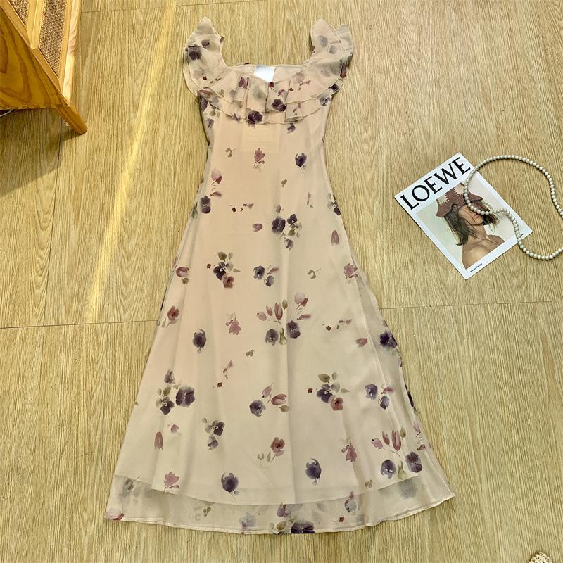 

Pendant elegant pearl chiffon square neck floral dress 2025 ruffle edge dress L