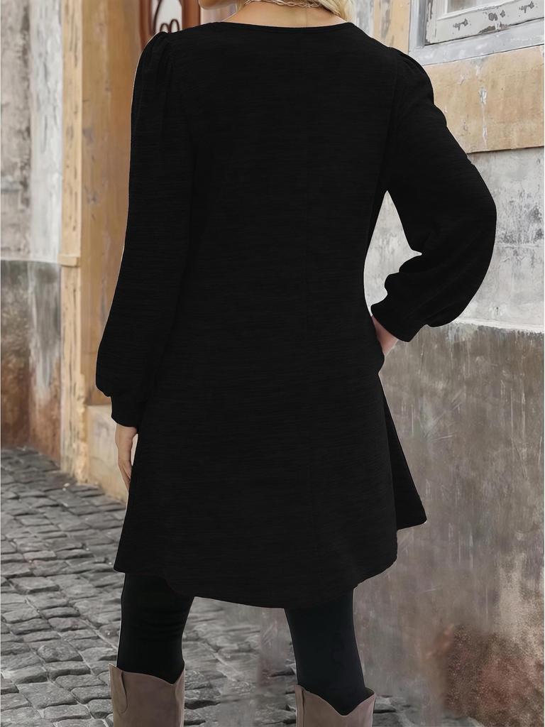 2025 Women's Solid Color Crew Neck Long Sleeve Dress with Pockets and Buttons