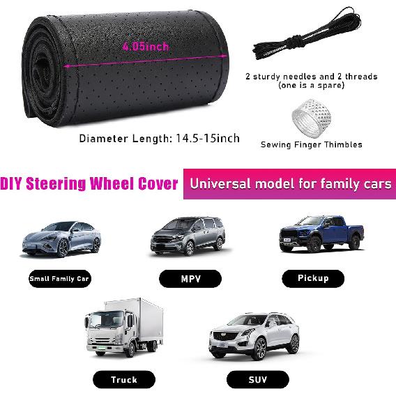 Ziciner Genuine Leather Steering Wheel Cover, Stitch On Wrap, Breathable Anti-Slip Car Steering Wheel Protector For Max Diameter 15 Inch, DIY Sewing