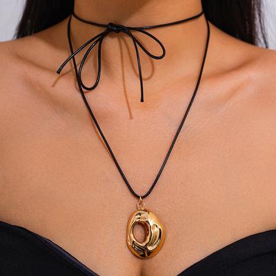 Metal Irregular Hollow Pendant Necklace, Geometric Rose Wax Thread Knotted Necklace