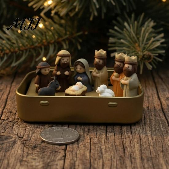 Nische Kreatives Weihnachtsgeschenk Mini-Weihnachtskrippe in einer Blechdose, 3D-gedruckte Taschengröße Heilige Familie Retro Metall-Aufbewahrungsbox Figuren,