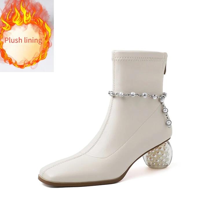 Fashion Thick Heeled Square Toe Pearl/chain Elastic Slim Fit Boots  Autumn and Winter Black Beige Fashion Women's Short Boots Size 34-42