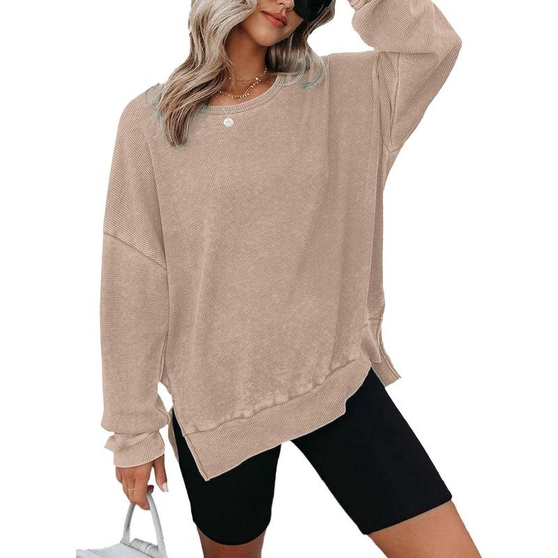 Women S Long Sleeve Waffle Knit Sweatshirt Side Slit Round Neck S хаки