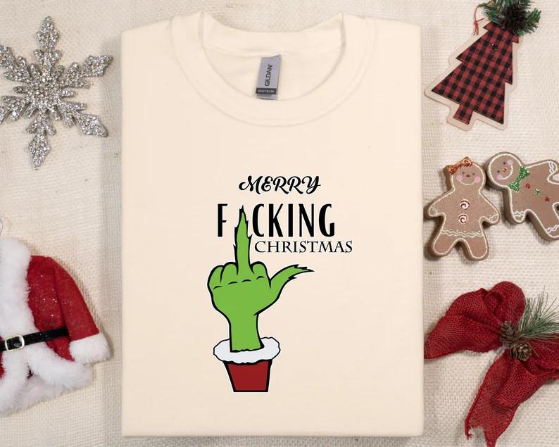Рождественская футболка с надписью Merry F.cking Christmas, Смешная рождественская футболка со средним пальцем XL
