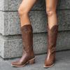 New Fashion Retro Punk Rivets Western Boots Women Square Toe Chunky High Heels Slip On Mid-calf Riding Boots Large Size 41 42 43
