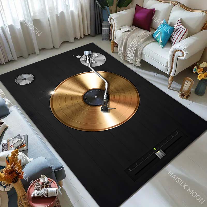 Golden vinyl record turntable tonearm Print Carpet for Living Room Bedroom Sofa Home Decor Rus Non-slip Floor Mat Luxury Gift