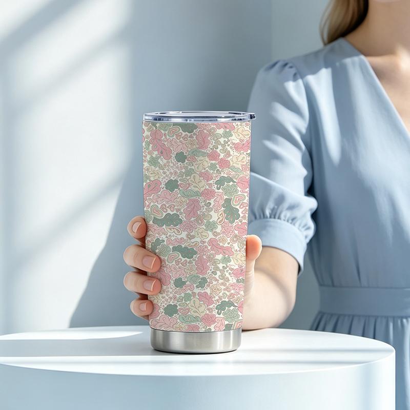 591ml Car Tumbler(1 Random Straw Included)Vintage Leaf Floral MotifLarge Iced Cup Steel Straw Cup Vacuum Insulated Cup 591ml Car Tumbler