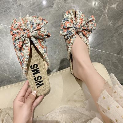 Summer Slipper  Flat Slippers for Women Outdoor Pearl Slipper Linen Insole Broken Flower Bow Sandals Pantuflas Para Mujer