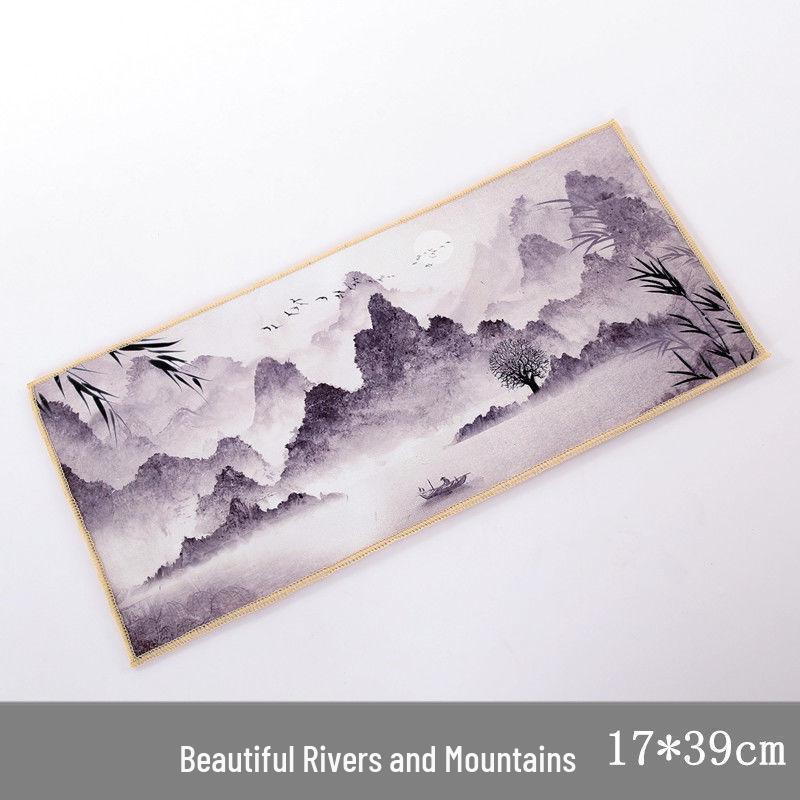 Semišová retro utěrka na čaj inspirovaná čínskou tušovou malbou - Absorpční, oboustranný podtácek pro čajové soupravy a stoly