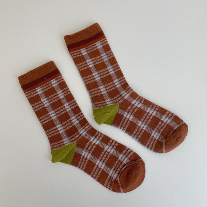 Women's Autumn Vintage Fashion Collage Color Check Grain Tube Stack Socks