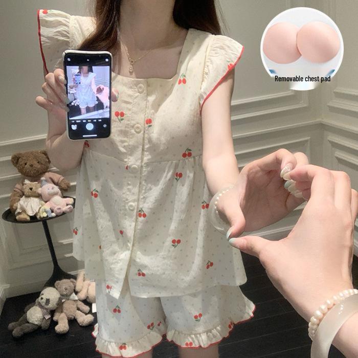 Women s 2026 Summer Puff Sleeve Cotton Pajama Set with Chest Pads Large