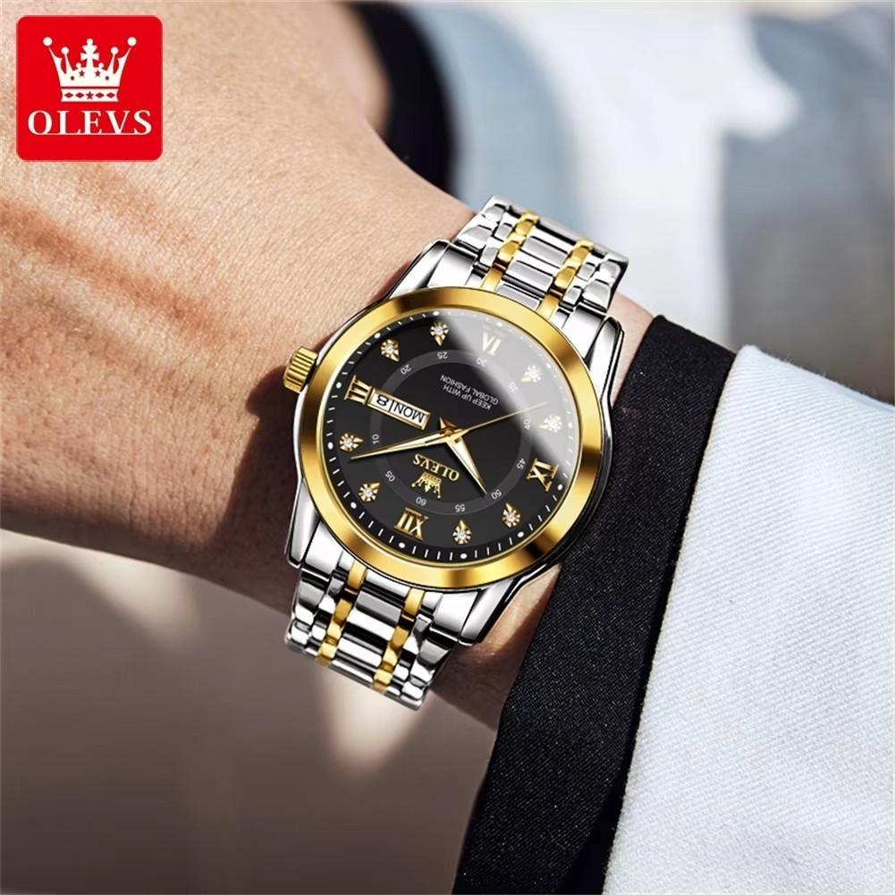 OLEVS Men's Watch Dual Calendar Display Waterproof Luminous Original Luxury Diamond Watch Fashion Men's Watch