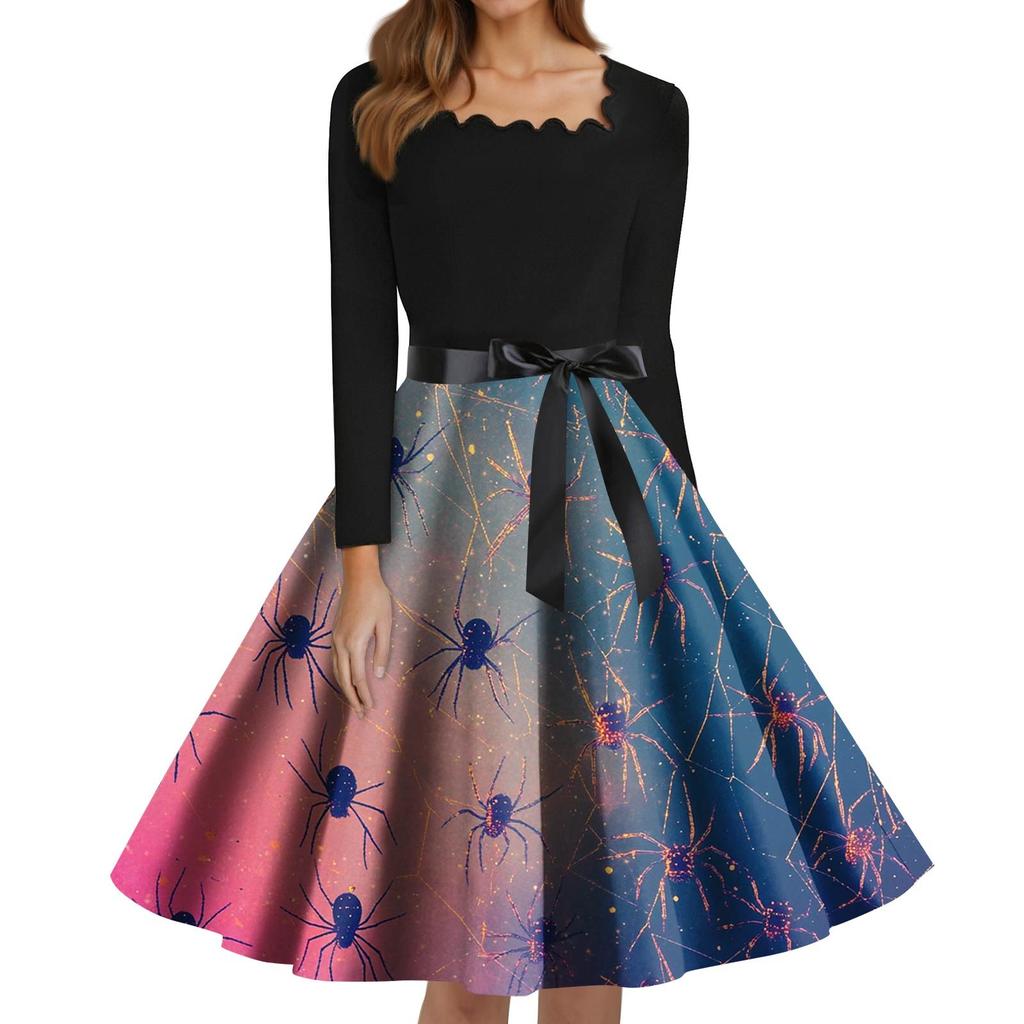 Women's Fashion Square Neck Casual Slim Halloween Printed Long Sleeve Dresses