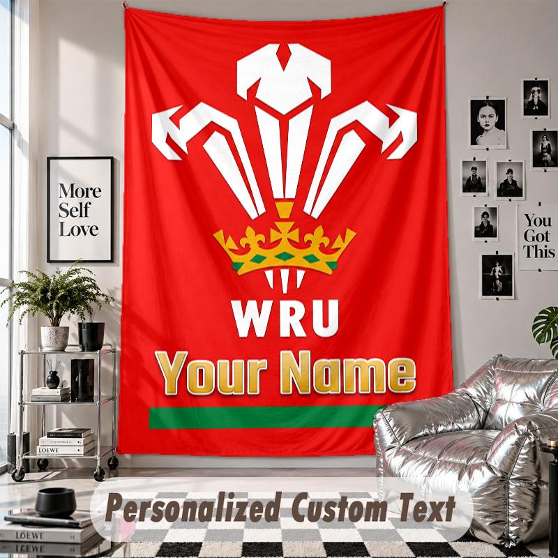 Wall Hanging Tapestry With Custom Name & Text, Wales Rugby Decorative Tapestry For Bedroom