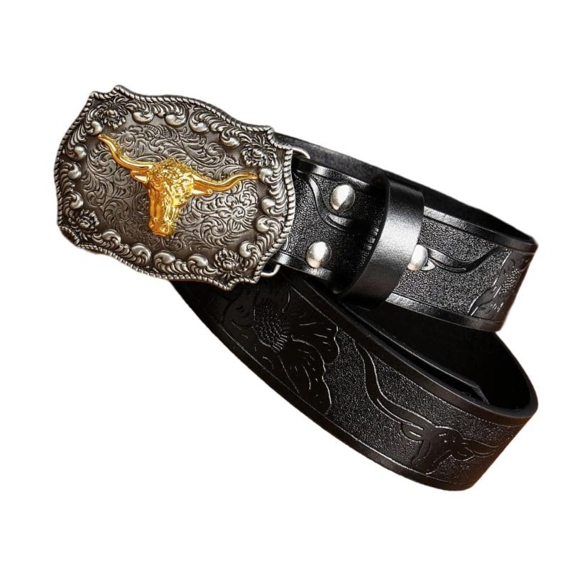 Women Western Belt Engraved Bull Metal Buckle Pants Belt Unisex Cowgirl Belt