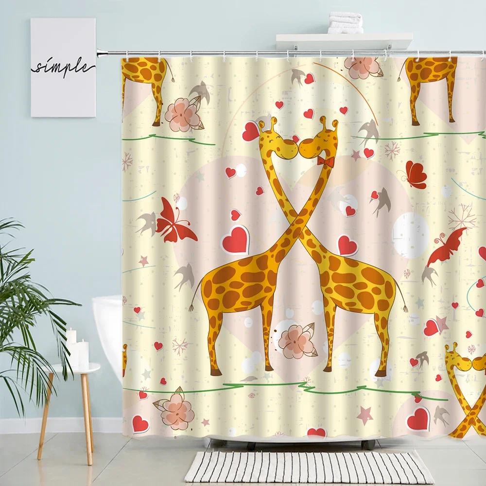 Roliga Giraffduschdraperier Afrikanska Vilda Djur Modern Nordisk Minimalistisk Tyg Barnbadrumsdraperi Dekor med Krokar