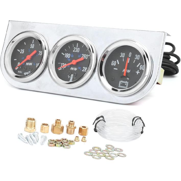

Universal Triple Gauge Set, 3-in-1 Mechanical, Chrome Shell with Black Face, Water Temperature Oil Pressure AMP Meter for Car Boat Truck, 12V