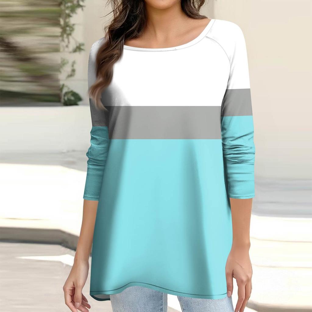 Women's Fashion Casual Long Sleeve Print Round Neck Pullover Top Blouse