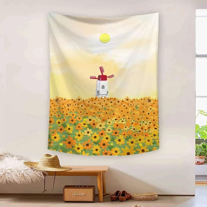 Hand-painted Oil Painting Cute Landscape Pattern Hanging Cloth Home Wall Decoration Tapestry Bedroom Living Room Tapestry