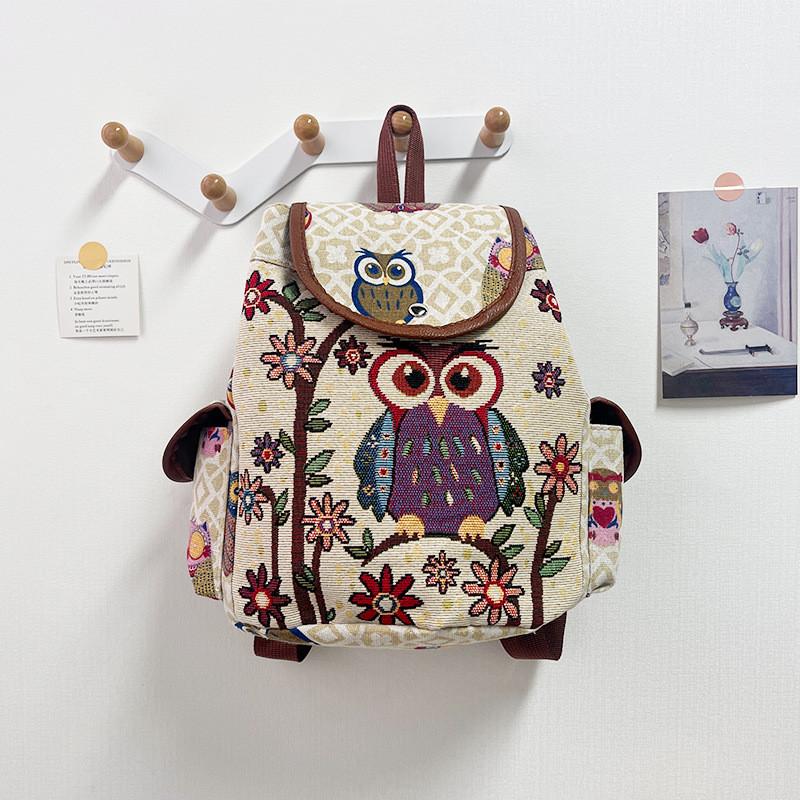 Owl Canvas Backpack With Drawstring Closure For Casual Daily Use