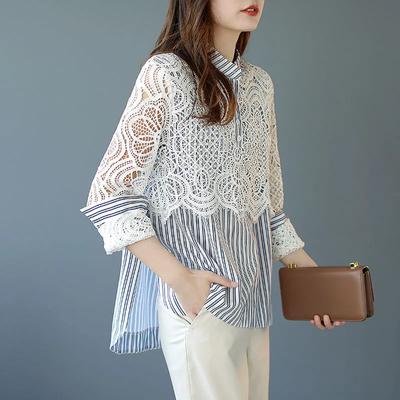 Camicia da Donna Primavera e Autunno con Inserti in Pizzo a Strisce Manica Lunga Larga Personalizzata Invecchiata Top