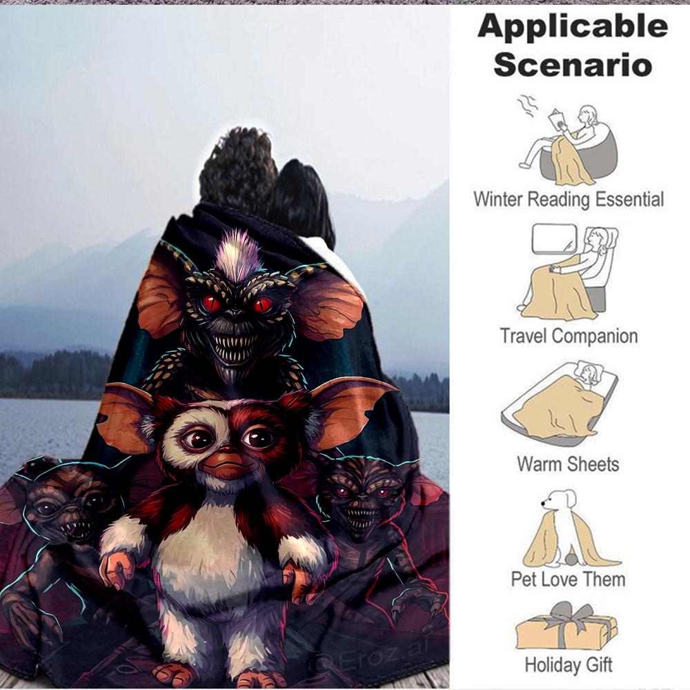 1Pc Gizmo Gremlins Flannel Blanket, Soft And Comfortable, Casual Warm, Camping Travel, Christmas, Halloween Xmas Gift L1398
