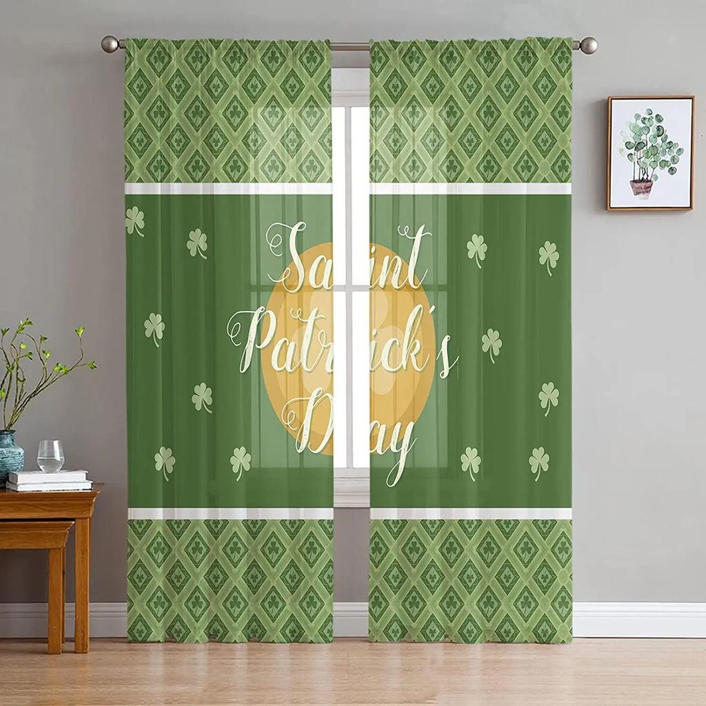 St Patrick Day Curtains Shamrocks Gold Beer Hat Voile Curtain Green Lucky Leaves Window Drapes Bedroom Living Room Sheer For Area Made Of Polyester