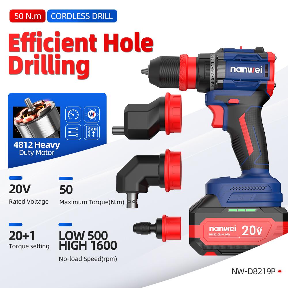 NANWEI 50 Nm 4-in-1 Electric Screwdriver with Multiple Heads ,Brushless Motor ,20 V
