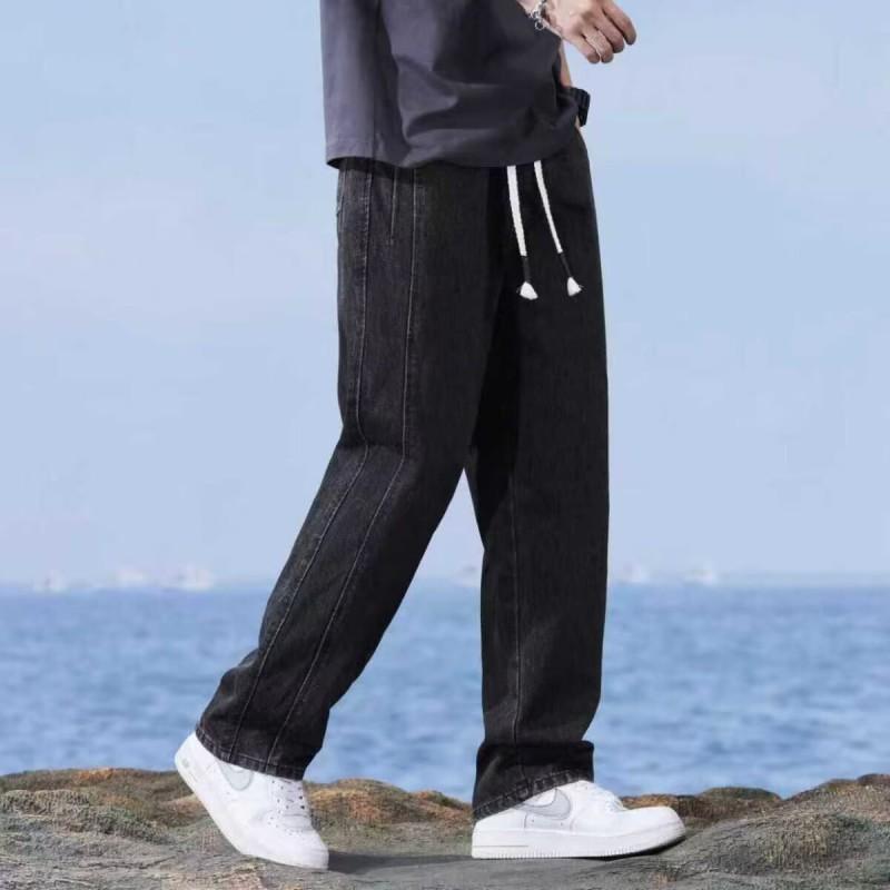 Mens Straight Leg Jeans Vintage Loose Drawstring Waist Casual Denim Pants