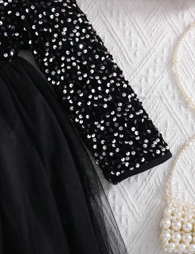 European & American Children's Elegant Sequin One-Shoulder Bow Princess Dress