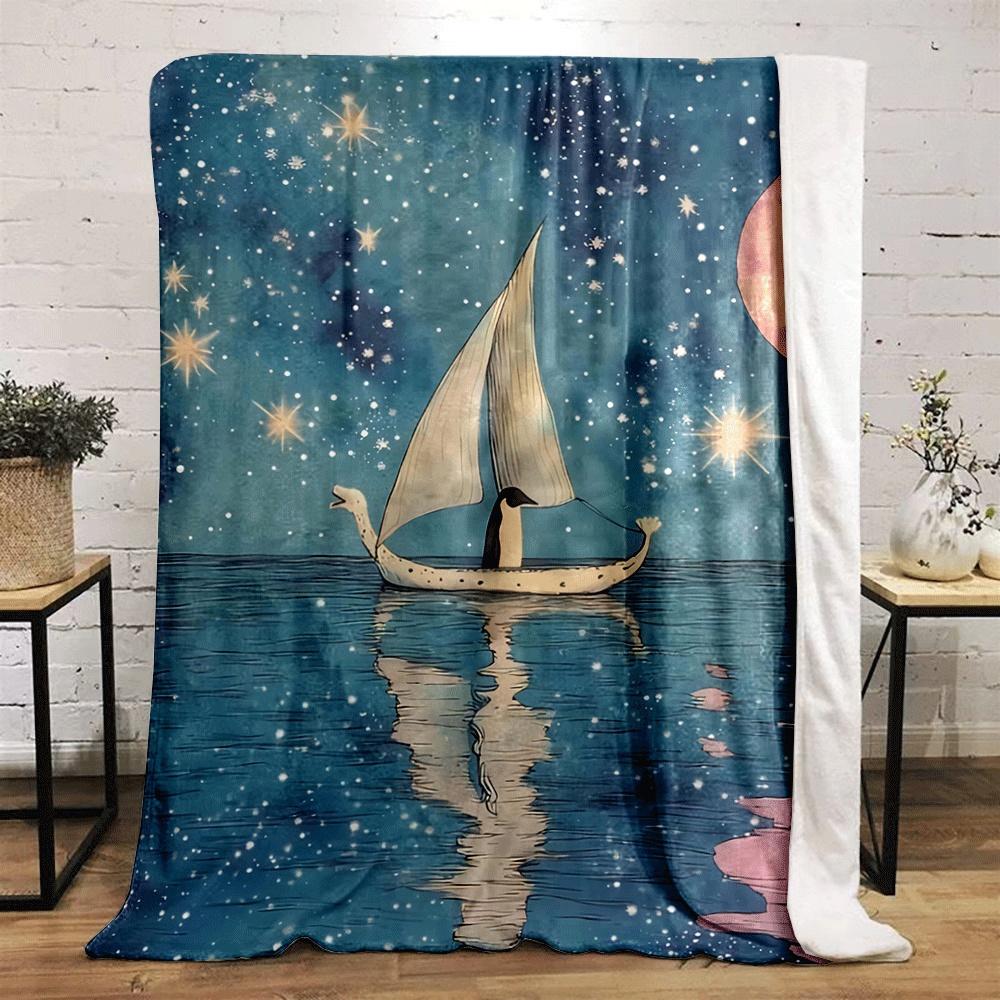 A penguin on a boat sailing beneath a starry sky and full moon. for all seasons blanket lunch break throw gift