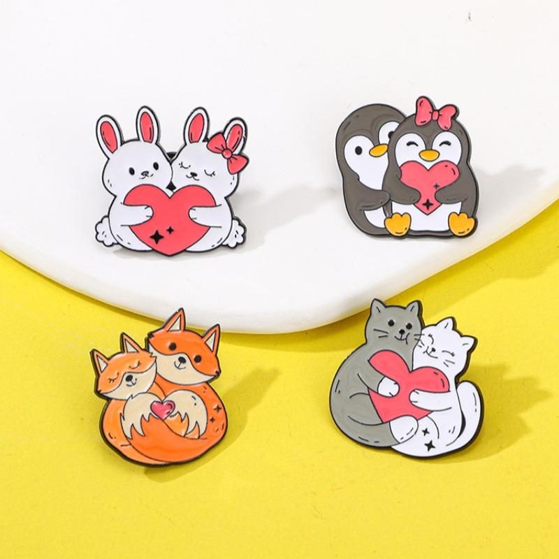 Cartoon Couple Animals Enamel Brooch Penguin Cat Rabbit Fox Heart Lovers Lapel Pin Badge Backpack Clothes Jewelry Accessories