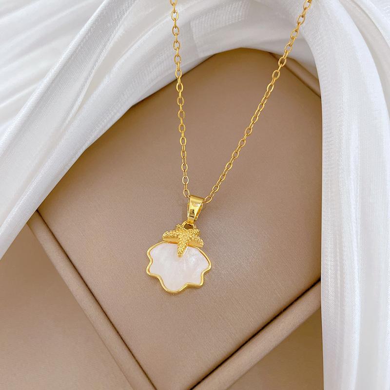 Titanium Steel, Shell Sea Star Light Luxury Temperament Gorgeous Full Diamond Necklace Women'S Versatile Collarbone Chain Titanium Steel Chain