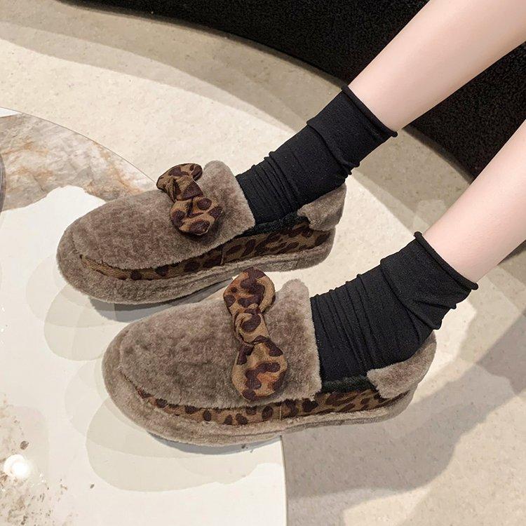 

[Юшилай] Модные женские лоферы с леопардовым принтом и бантом, 2025 зима, новые, на толстой подошве, бархатные, утепленные хлопком 40 хаки