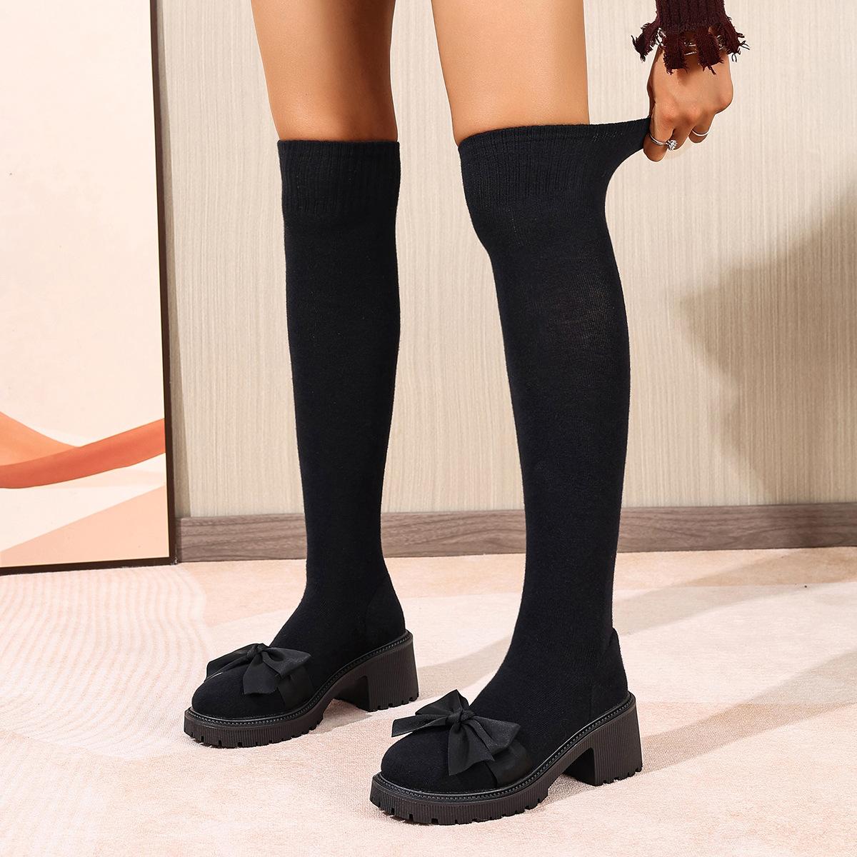 

Женские ботфорты широкой полноты с деталью в виде банта - Эластичные ботфорты выше колена для осени, Модные ботильоны на шпильке 43 чёрный