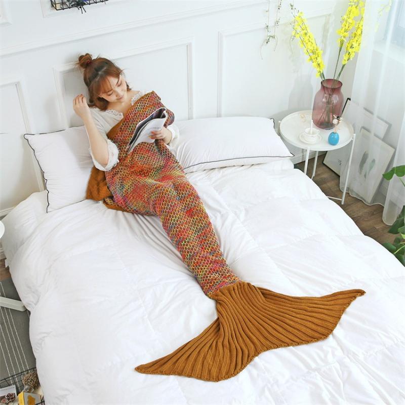 Modern Striped Fish Scale Sleeping Blanket Mermaid Tail Sleeping Bag Knitted Blanket Leisure Office Nap Air Conditioning Blanket Sofa Bed Towel