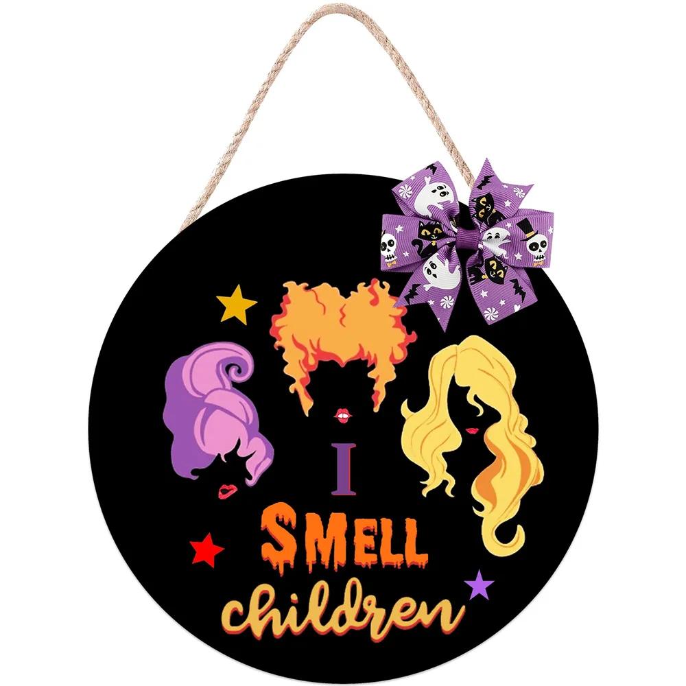 

Halloween Hocus Pocus Door Sign I Smell Children Hanging Sign for Front Door Halloween Wooden Door Hangers Wreath чёрный