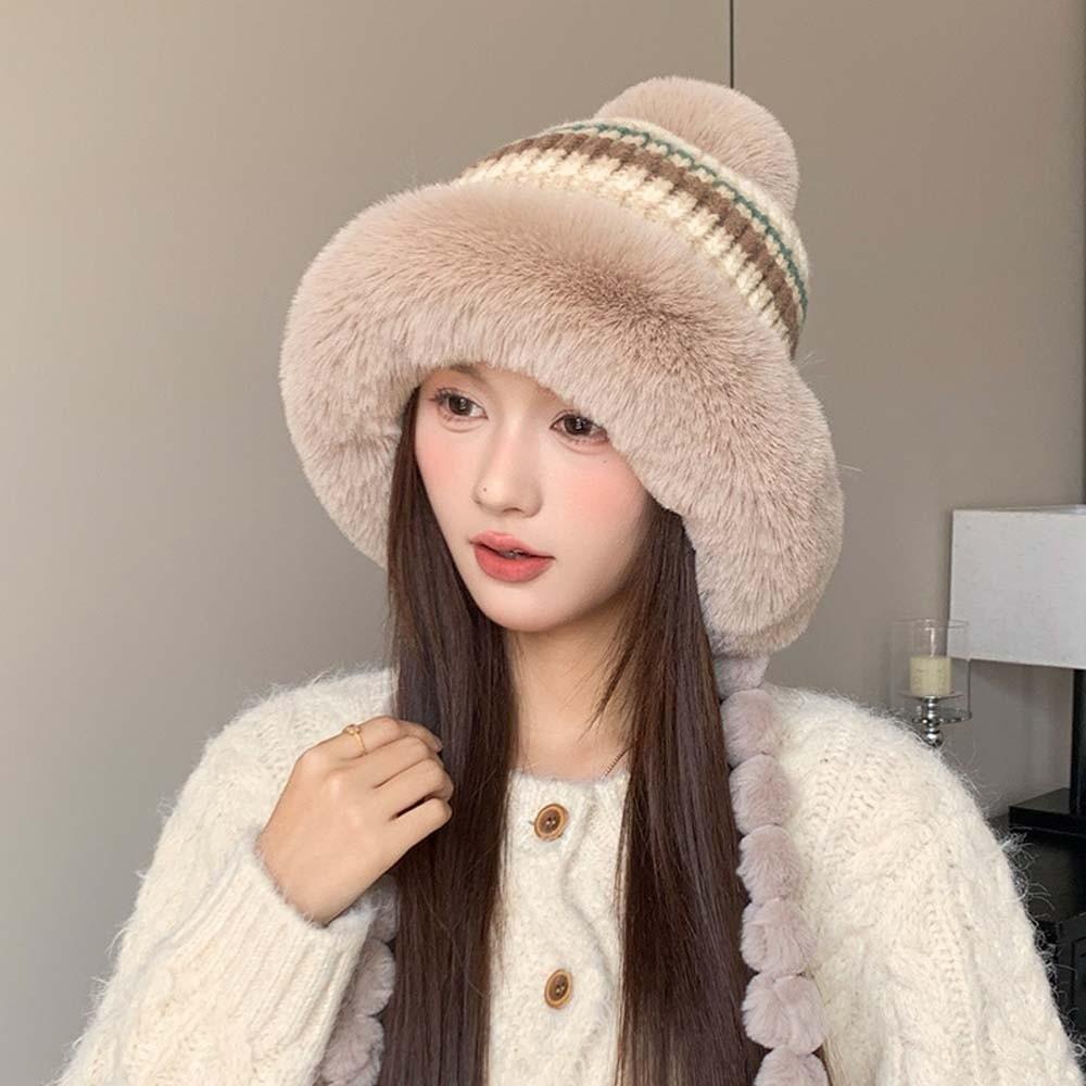 Fur Brim Pompom Braids Hat Striped Knit Earflap Winter Cap Fleece Knit Beanie Teens