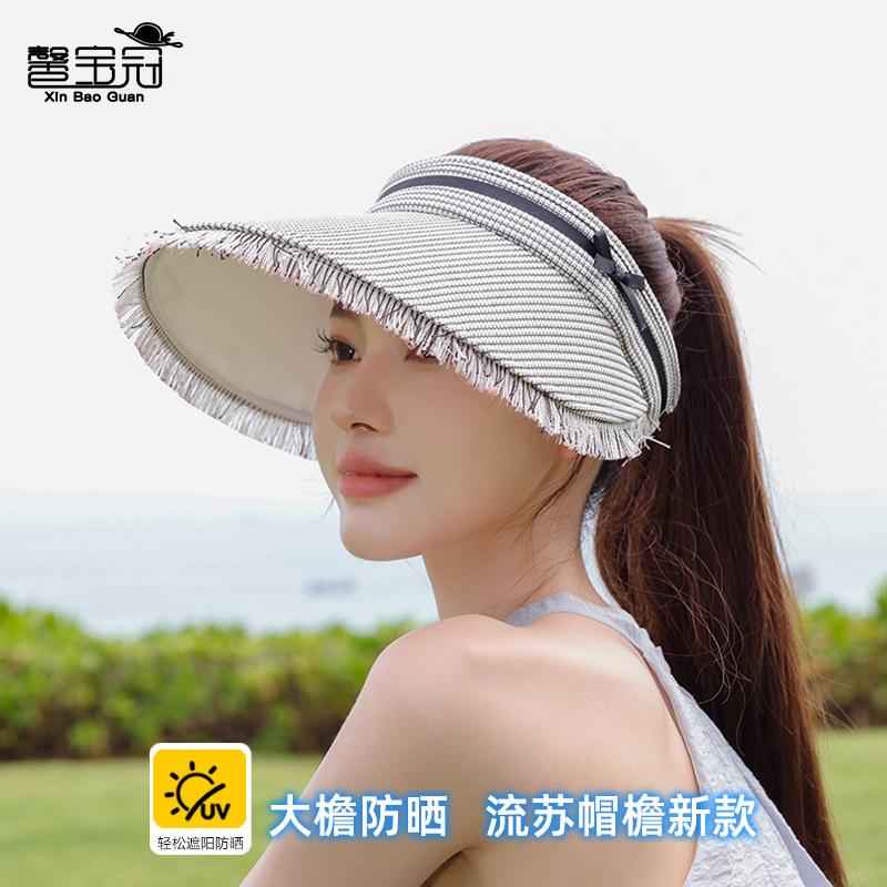 Tassel Large Brim Sun Hat Summer Outdoor Travel Sun Protection Hat Women's Plaid Bow Empty Top Hat