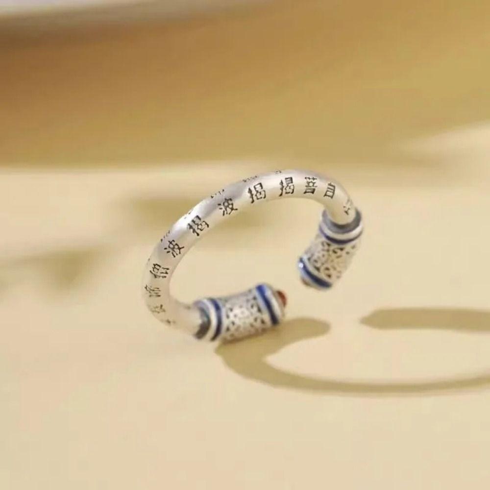 Heart Sutra Carving Retro Heart Sutra Carving Ring Adjustable Silver Color Open Rings Women