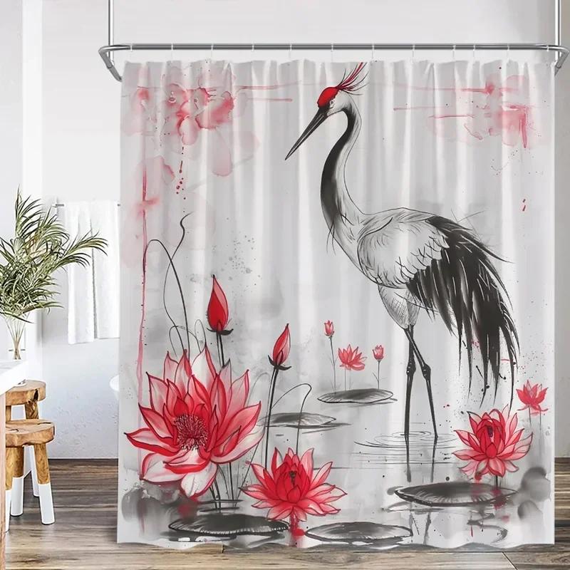 Ink Painting Shower Curtain Chinese Asian Style Cherry Blossom Japanese Woman Classical Bathroom Decor Polyester Bath Curtain