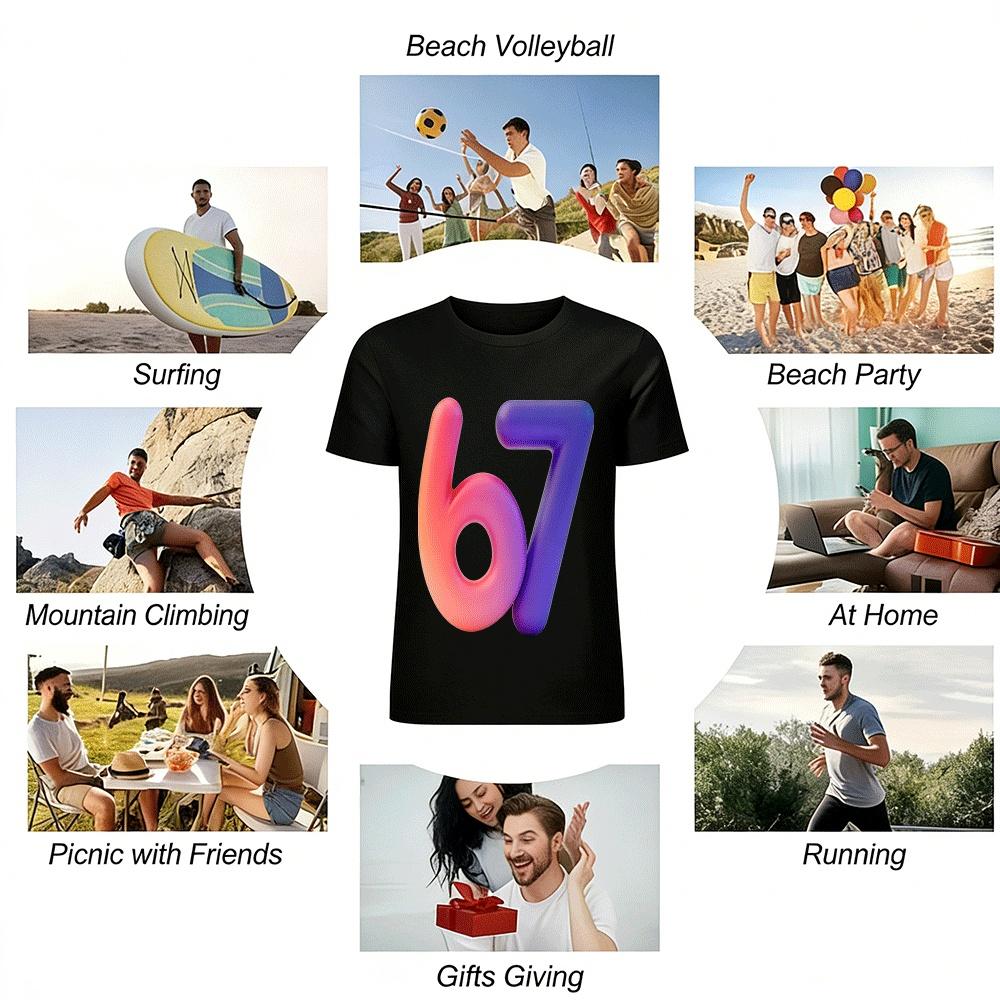 Gradient Number 67 Trendy Casual Printed Top Unisex Loose Fit Tee Pure Cotton T-shirt