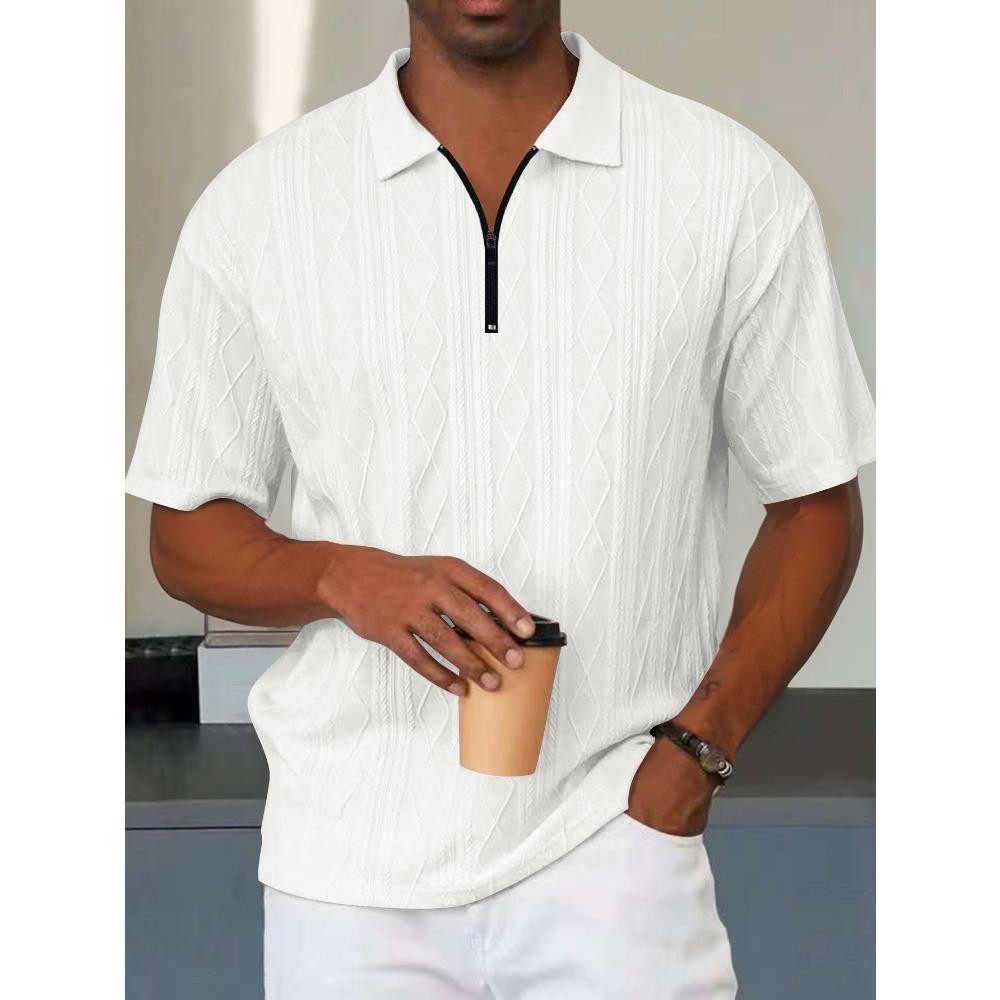 

Vintage-style loose-fit textured knit polo shirt for men, with a turn-down collar, breathable and featuring a zip fastening, short sleeves S белый