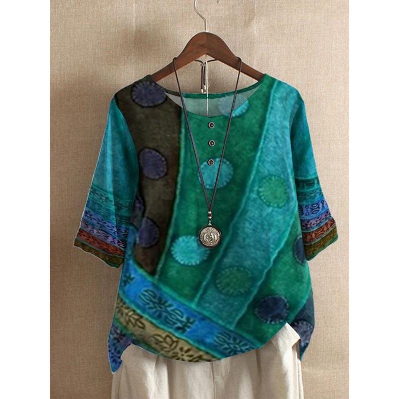 

YYFS Женская мода Повседневная Лето Весна Цветные Блоки Принт Блузки и Рубашки Рукава 1/2 V-образный вырез M зелёный