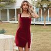 Ladies Elegant Solid Color Velvet Sexy Party High Split Pencil Dress