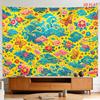 2D Flat, [2D Plane Printing] 1 Large Size/small Size Pattern Printed Tapestry- Yellow, Blue Waves, Pink Flowers, Butterflies, Patterned Background., R